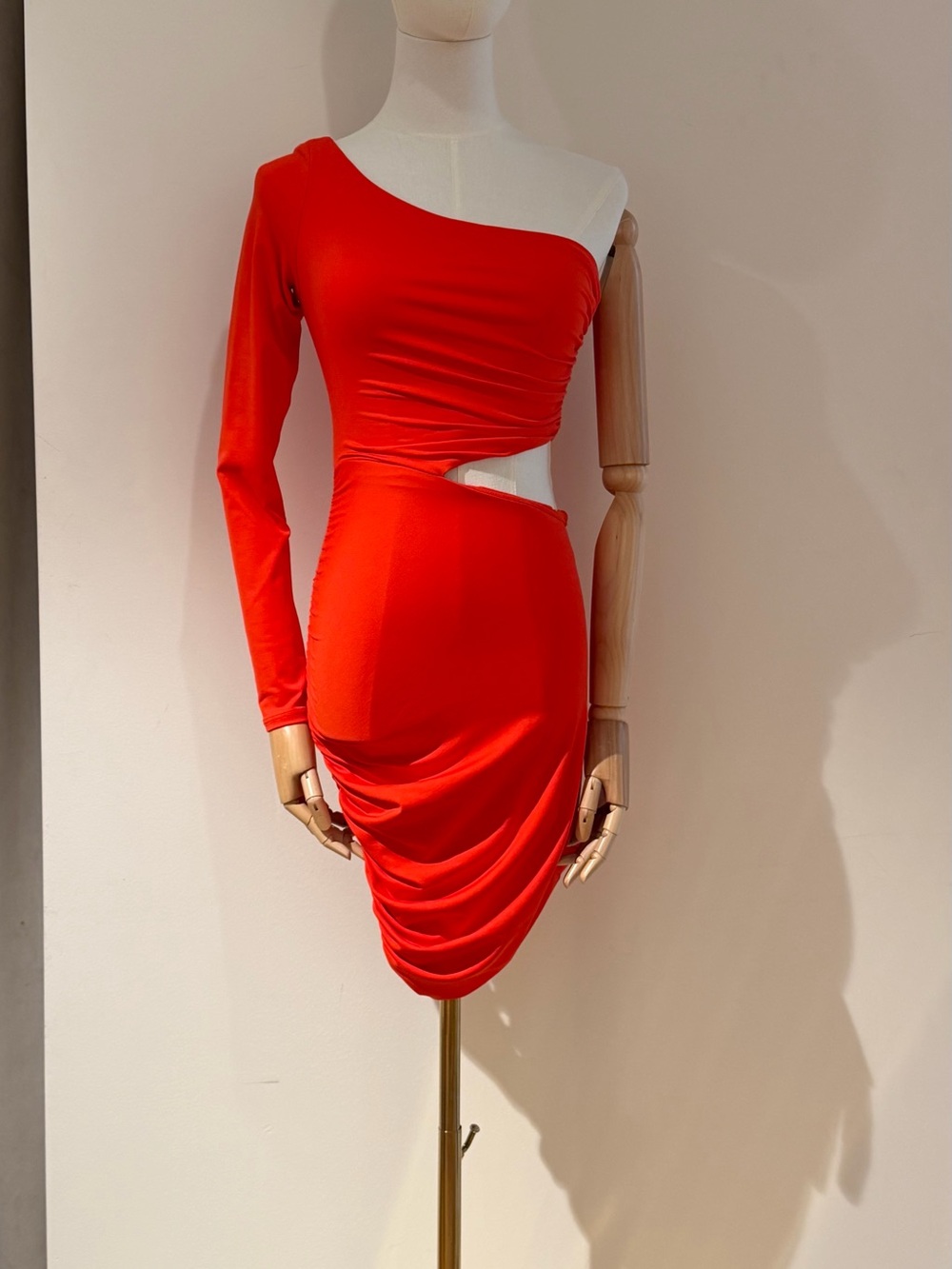 ALIX NYC Sheath One-Shoulder Red Cutout Ruched Midi Dress.